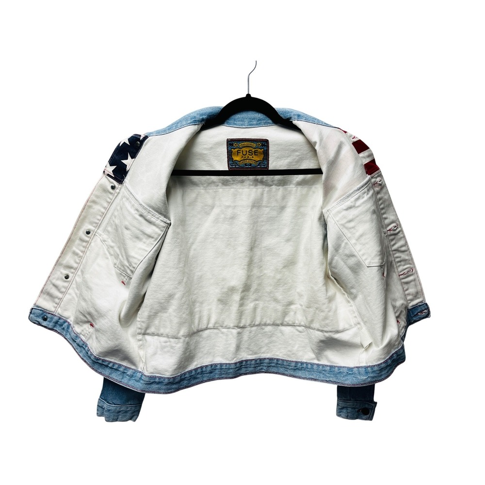 Fuse Paris M Denim Bomber Jacket USA Flag‎ Stars Stripes Trucker Moto VTG Unisex - Picture 14 of 15